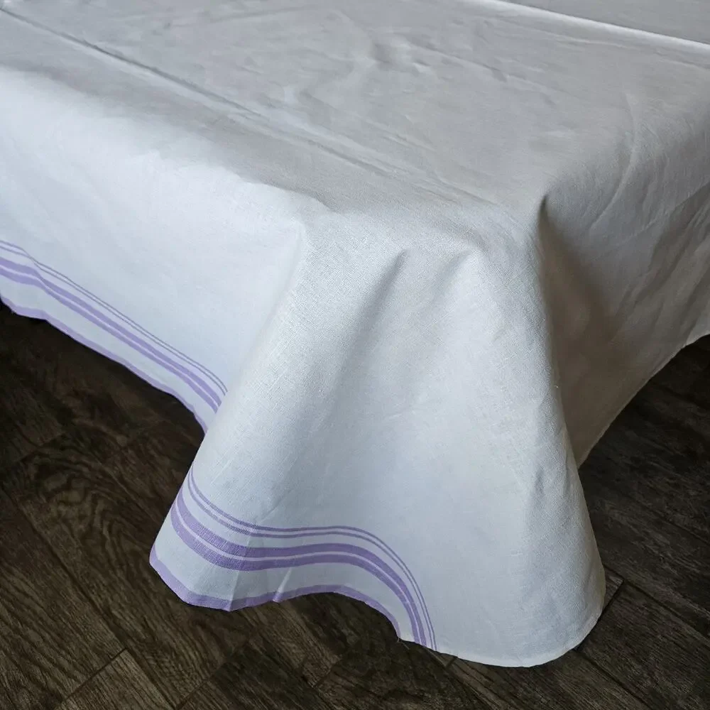 VTG 100% Linen Tablecloth Rectangle Stripes Purple French Country Easter 60x82